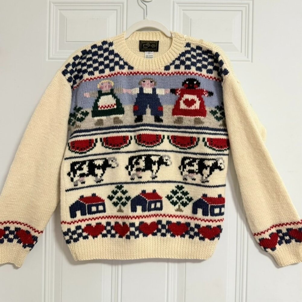 South Wool Hand-knitted Sweater SZ Mdm Cottagecore Whimsy Farm Americana Heavy